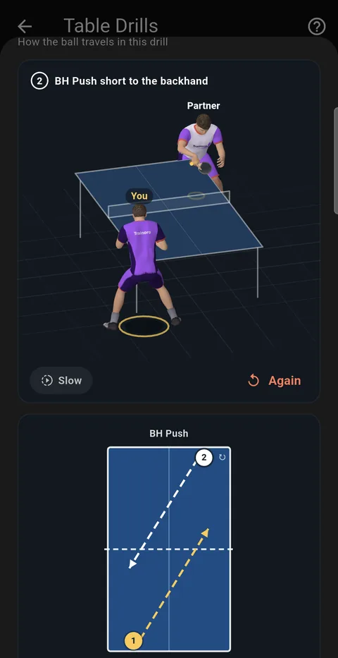 Table Drills: a 3D table showing who hits from where to where, with a top-down diagram of the ball path below.